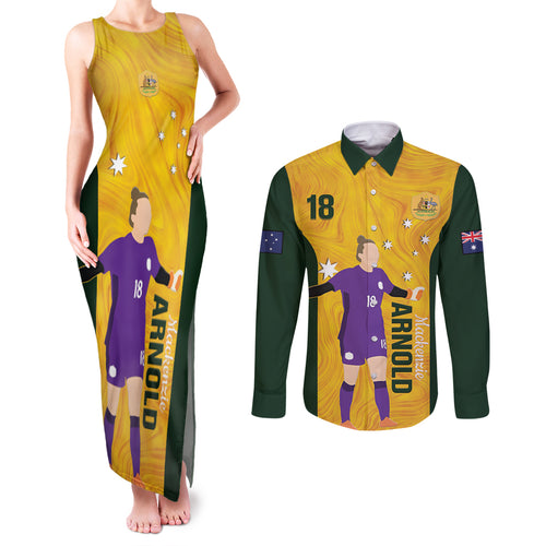 Australia Soccer Couples Matching Tank Maxi Dress and Long Sleeve Button Shirt Arnold Matildas Gold Version
