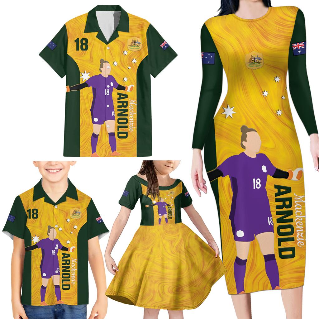 Australia Soccer Family Matching Long Sleeve Bodycon Dress and Hawaiian Shirt Arnold Matildas Gold Version