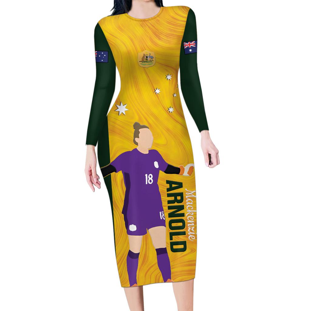 Australia Soccer Family Matching Long Sleeve Bodycon Dress and Hawaiian Shirt Arnold Matildas Gold Version