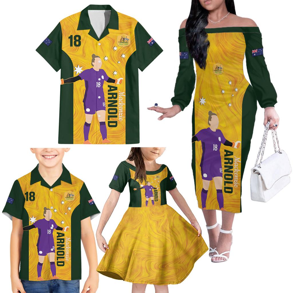 Australia Soccer Family Matching Off The Shoulder Long Sleeve Dress and Hawaiian Shirt Arnold Matildas Gold Version