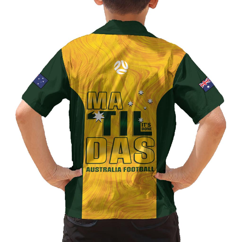 Australia Soccer Family Matching Off The Shoulder Long Sleeve Dress and Hawaiian Shirt Arnold Matildas Gold Version