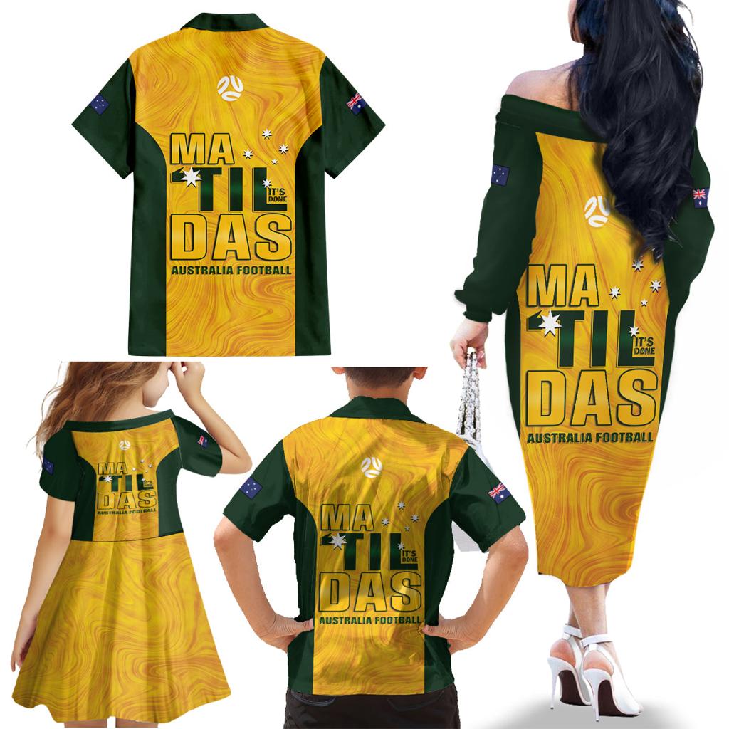 Australia Soccer Family Matching Off The Shoulder Long Sleeve Dress and Hawaiian Shirt Arnold Matildas Gold Version