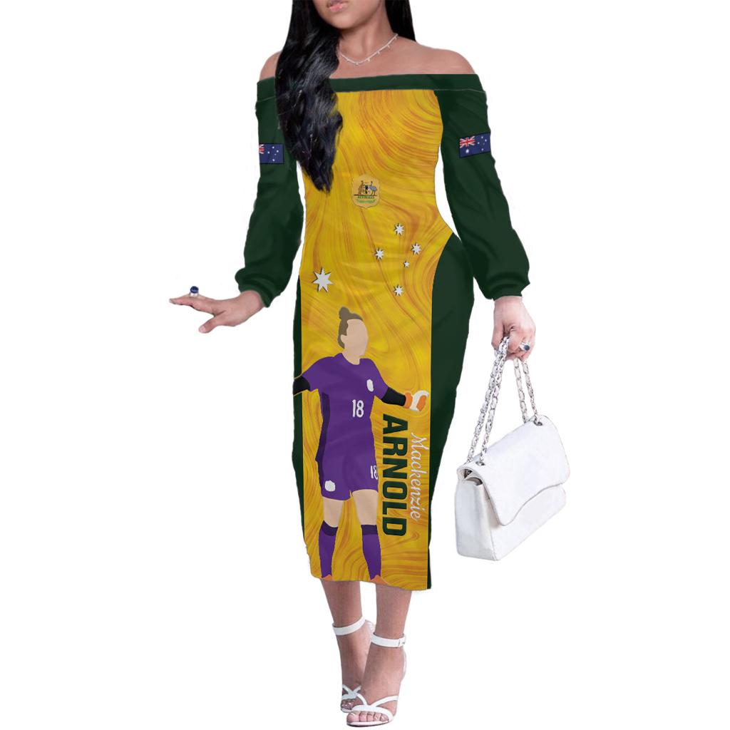 Australia Soccer Family Matching Off The Shoulder Long Sleeve Dress and Hawaiian Shirt Arnold Matildas Gold Version