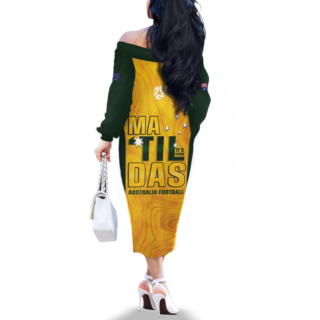 Australia Soccer Family Matching Off The Shoulder Long Sleeve Dress and Hawaiian Shirt Arnold Matildas Gold Version