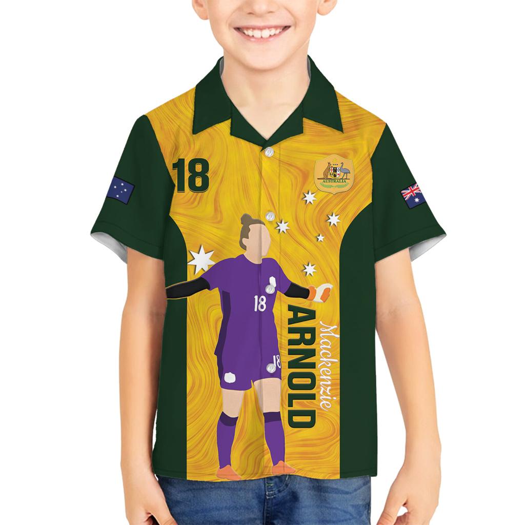 Australia Soccer Family Matching Off The Shoulder Long Sleeve Dress and Hawaiian Shirt Arnold Matildas Gold Version