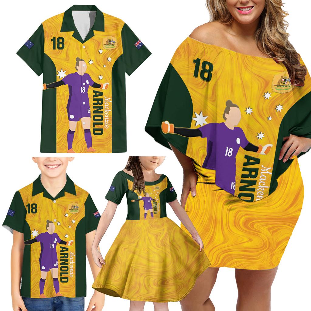 Australia Soccer Family Matching Off Shoulder Short Dress and Hawaiian Shirt Arnold Matildas Gold Version