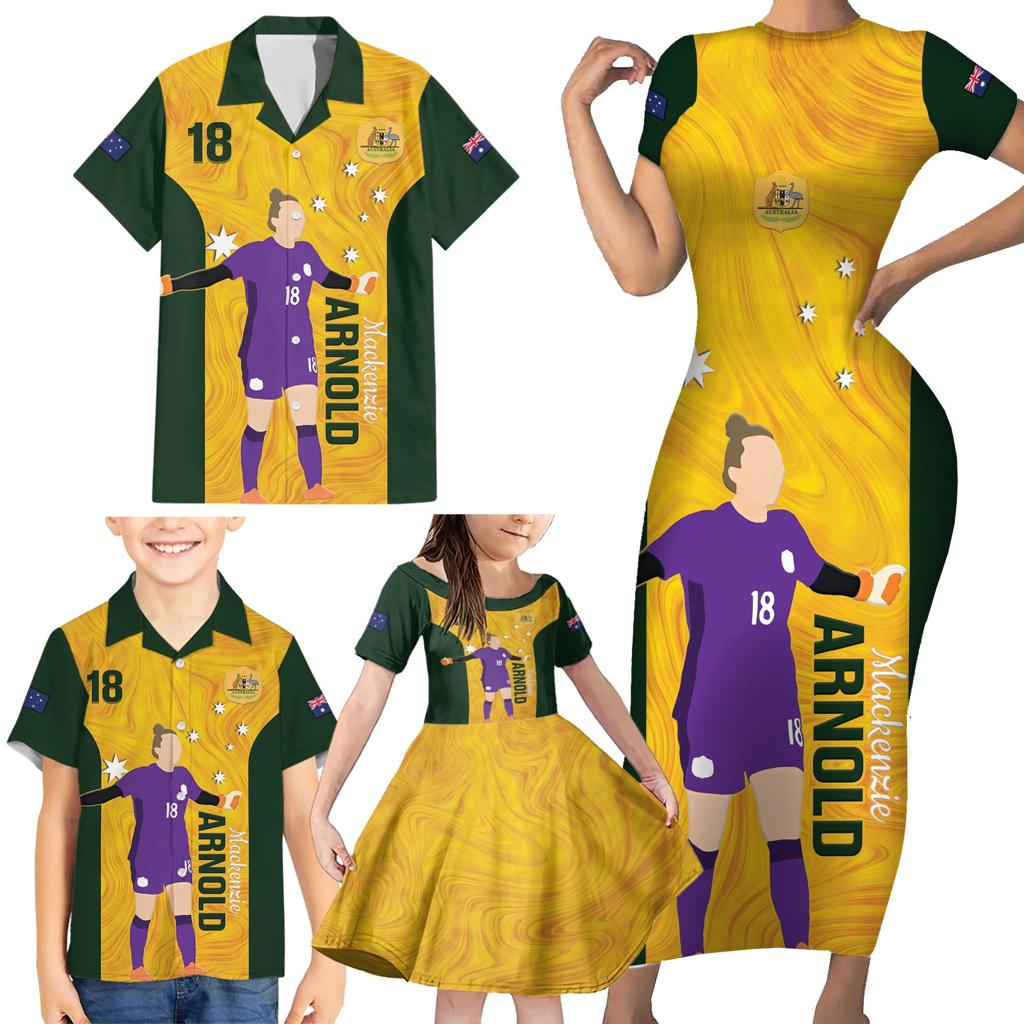 Australia Soccer Family Matching Short Sleeve Bodycon Dress and Hawaiian Shirt Arnold Matildas Gold Version