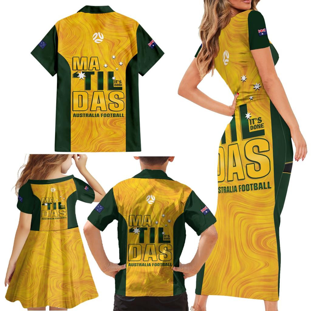 Australia Soccer Family Matching Short Sleeve Bodycon Dress and Hawaiian Shirt Arnold Matildas Gold Version