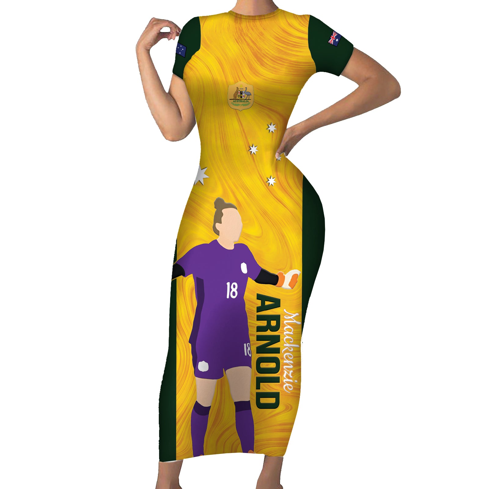 Australia Soccer Short Sleeve Bodycon Dress Arnold Matildas Gold Version