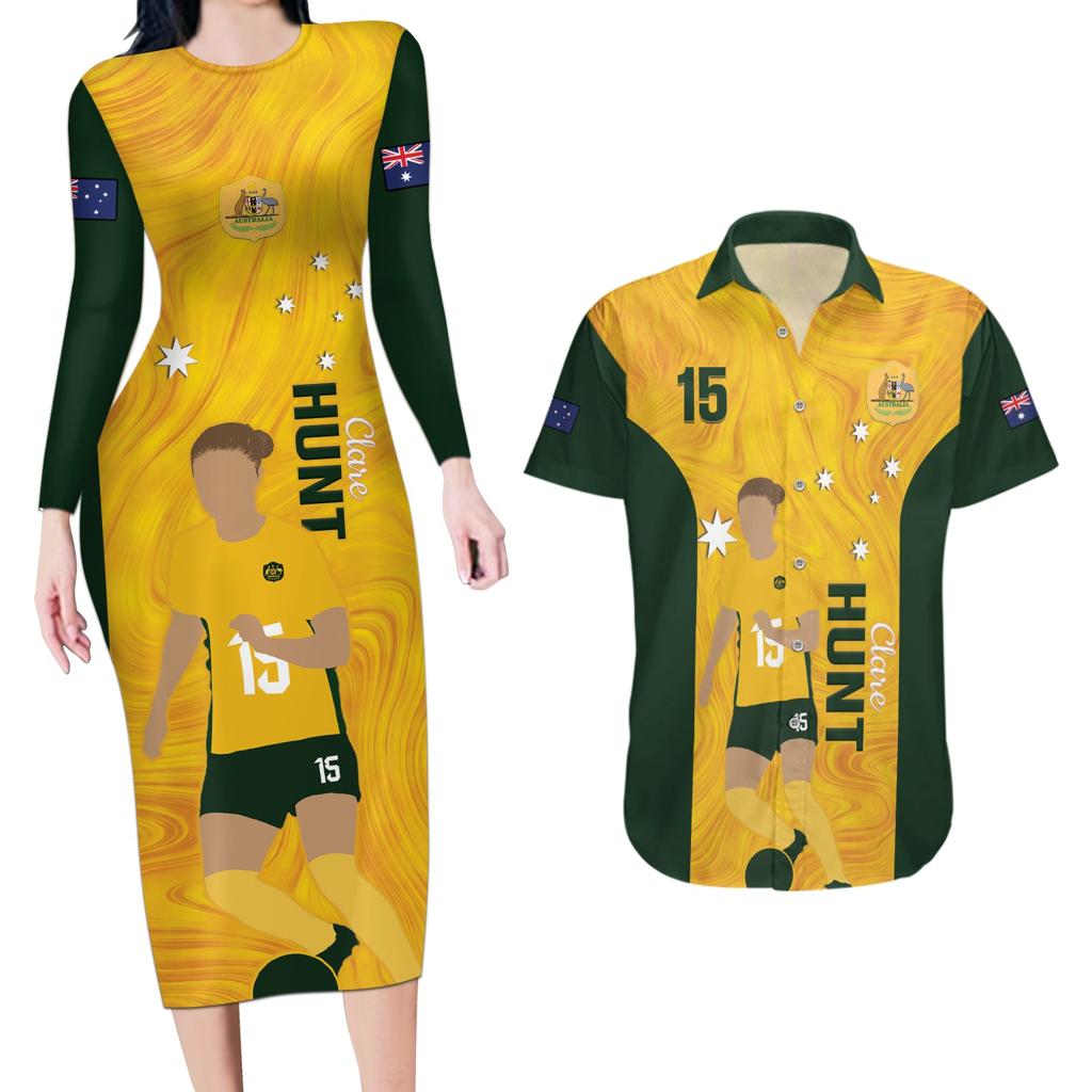 Australia Soccer Couples Matching Long Sleeve Bodycon Dress and Hawaiian Shirt Clare Hunt Matildas Gold Version