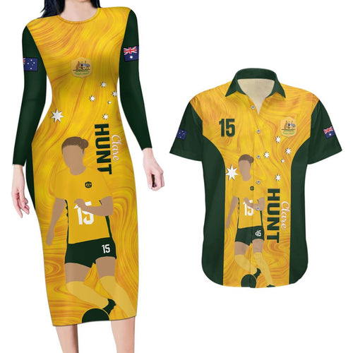Australia Soccer Couples Matching Long Sleeve Bodycon Dress and Hawaiian Shirt Clare Hunt Matildas Gold Version