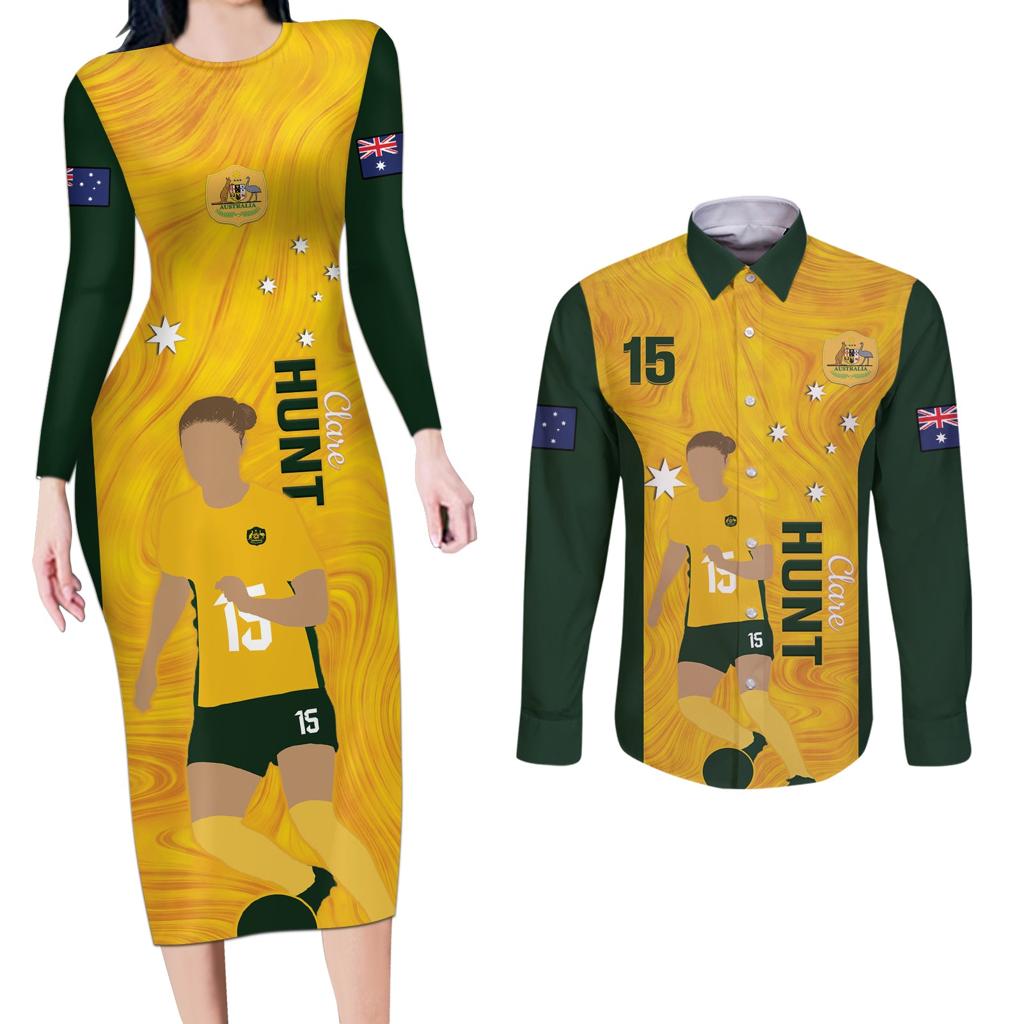 Australia Soccer Couples Matching Long Sleeve Bodycon Dress and Long Sleeve Button Shirt Clare Hunt Matildas Gold Version