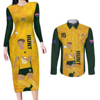 Australia Soccer Couples Matching Long Sleeve Bodycon Dress and Long Sleeve Button Shirt Clare Hunt Matildas Gold Version