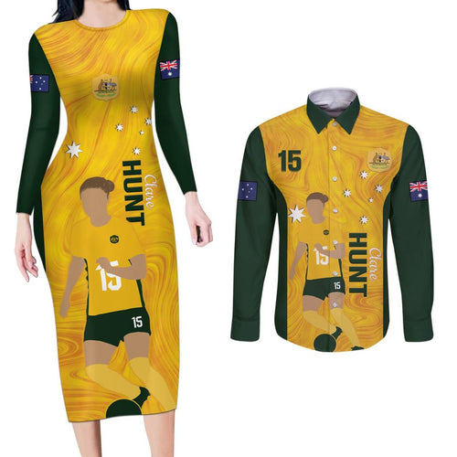 Australia Soccer Couples Matching Long Sleeve Bodycon Dress and Long Sleeve Button Shirt Clare Hunt Matildas Gold Version