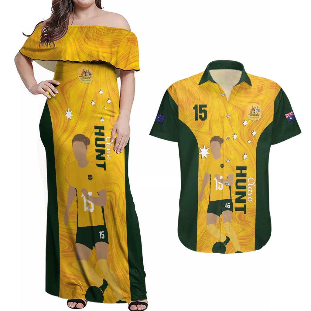 Australia Soccer Couples Matching Off Shoulder Maxi Dress and Hawaiian Shirt Clare Hunt Matildas Gold Version