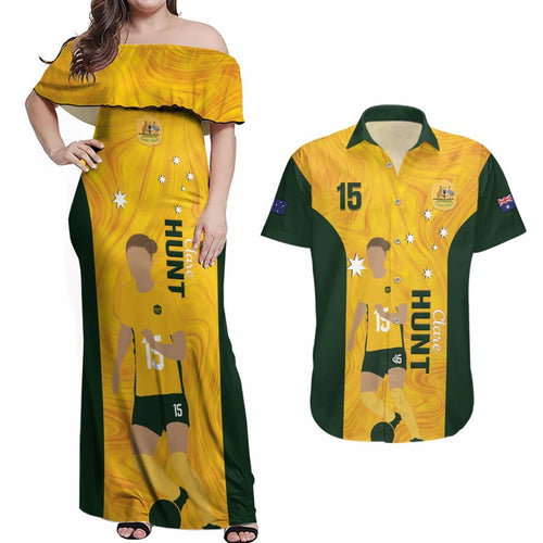 Australia Soccer Couples Matching Off Shoulder Maxi Dress and Hawaiian Shirt Clare Hunt Matildas Gold Version