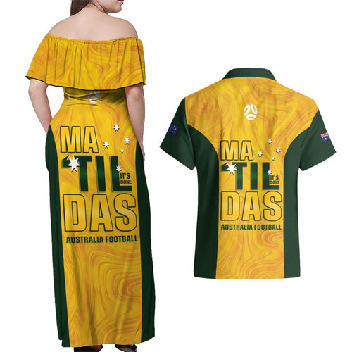 Australia Soccer Couples Matching Off Shoulder Maxi Dress and Hawaiian Shirt Clare Hunt Matildas Gold Version