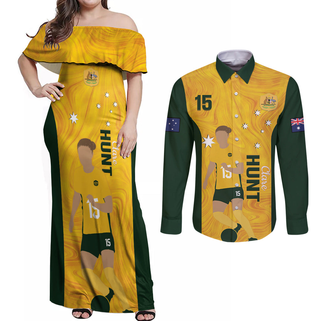 Australia Soccer Couples Matching Off Shoulder Maxi Dress and Long Sleeve Button Shirt Clare Hunt Matildas Gold Version
