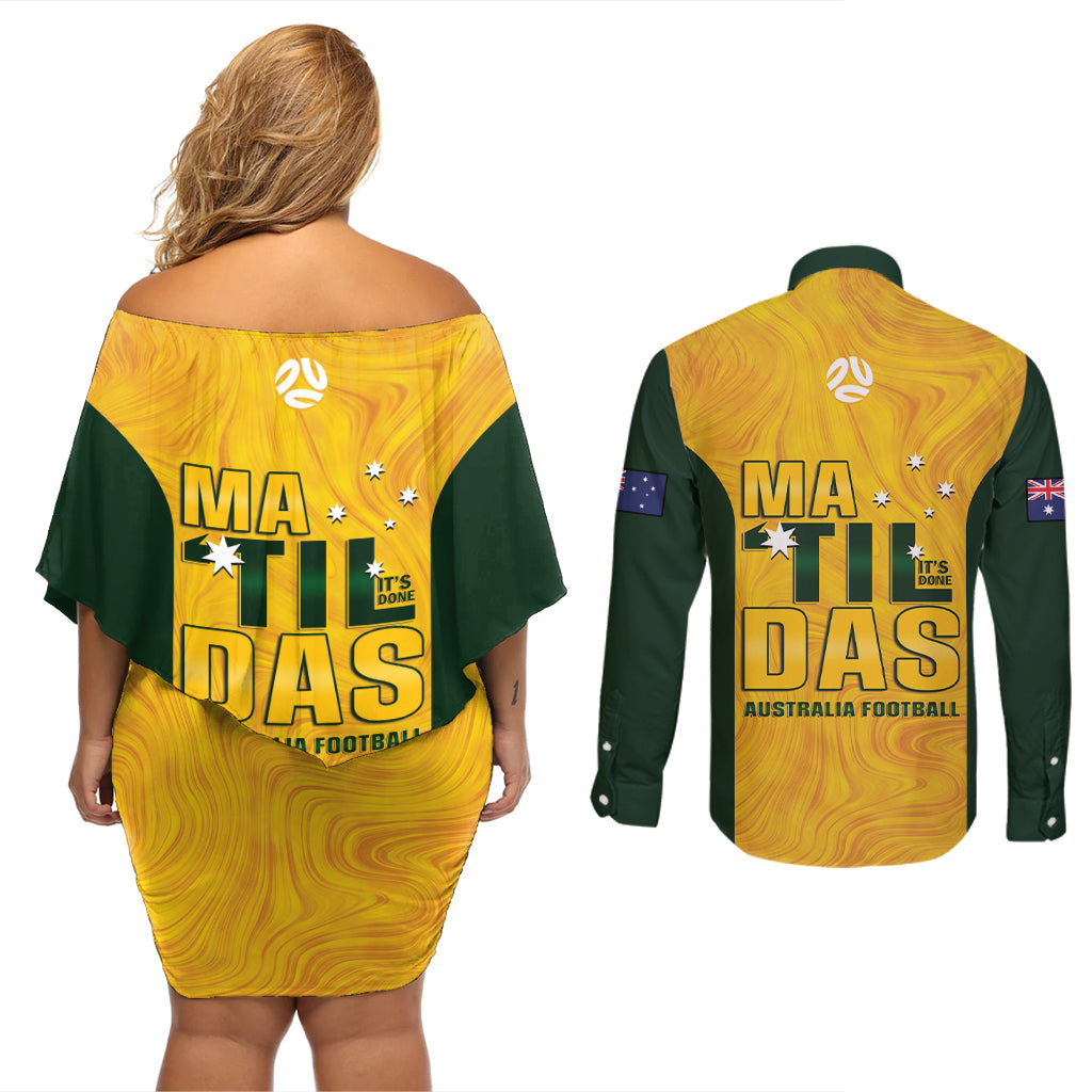 Australia Soccer Couples Matching Off Shoulder Short Dress and Long Sleeve Button Shirt Clare Hunt Matildas Gold Version