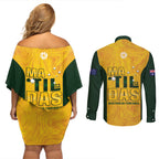 Australia Soccer Couples Matching Off Shoulder Short Dress and Long Sleeve Button Shirt Clare Hunt Matildas Gold Version