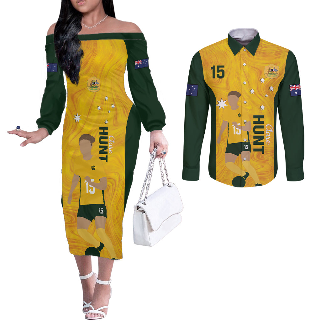 Australia Soccer Couples Matching Off The Shoulder Long Sleeve Dress and Long Sleeve Button Shirt Clare Hunt Matildas Gold Version