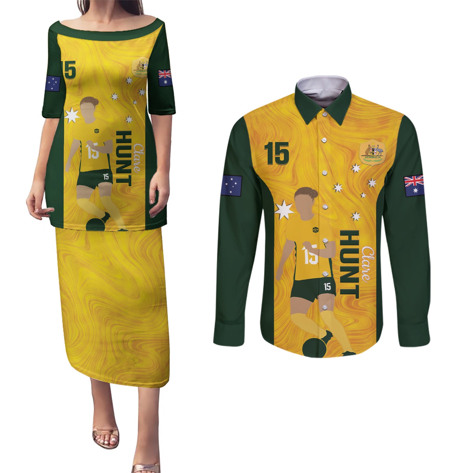 Australia Soccer Couples Matching Puletasi and Long Sleeve Button Shirt Clare Hunt Matildas Gold Version