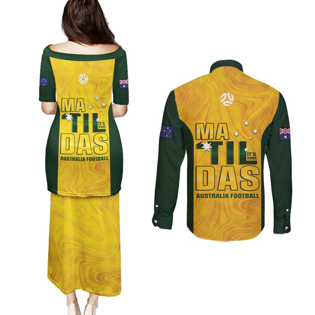 Australia Soccer Couples Matching Puletasi and Long Sleeve Button Shirt Clare Hunt Matildas Gold Version