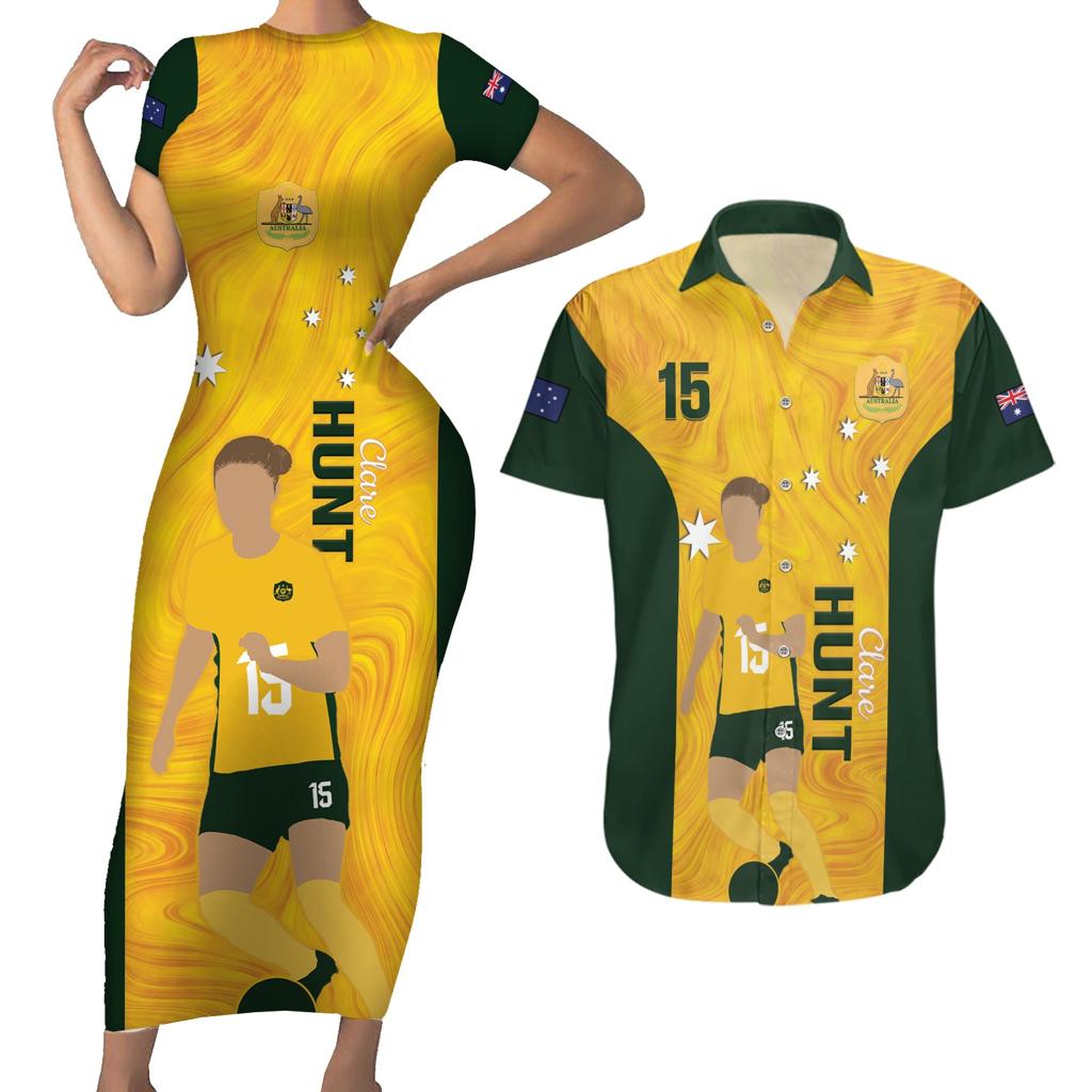 Australia Soccer Couples Matching Short Sleeve Bodycon Dress and Hawaiian Shirt Clare Hunt Matildas Gold Version