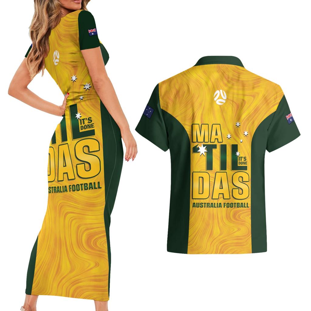 Australia Soccer Couples Matching Short Sleeve Bodycon Dress and Hawaiian Shirt Clare Hunt Matildas Gold Version