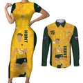 Australia Soccer Couples Matching Short Sleeve Bodycon Dress and Long Sleeve Button Shirt Clare Hunt Matildas Gold Version