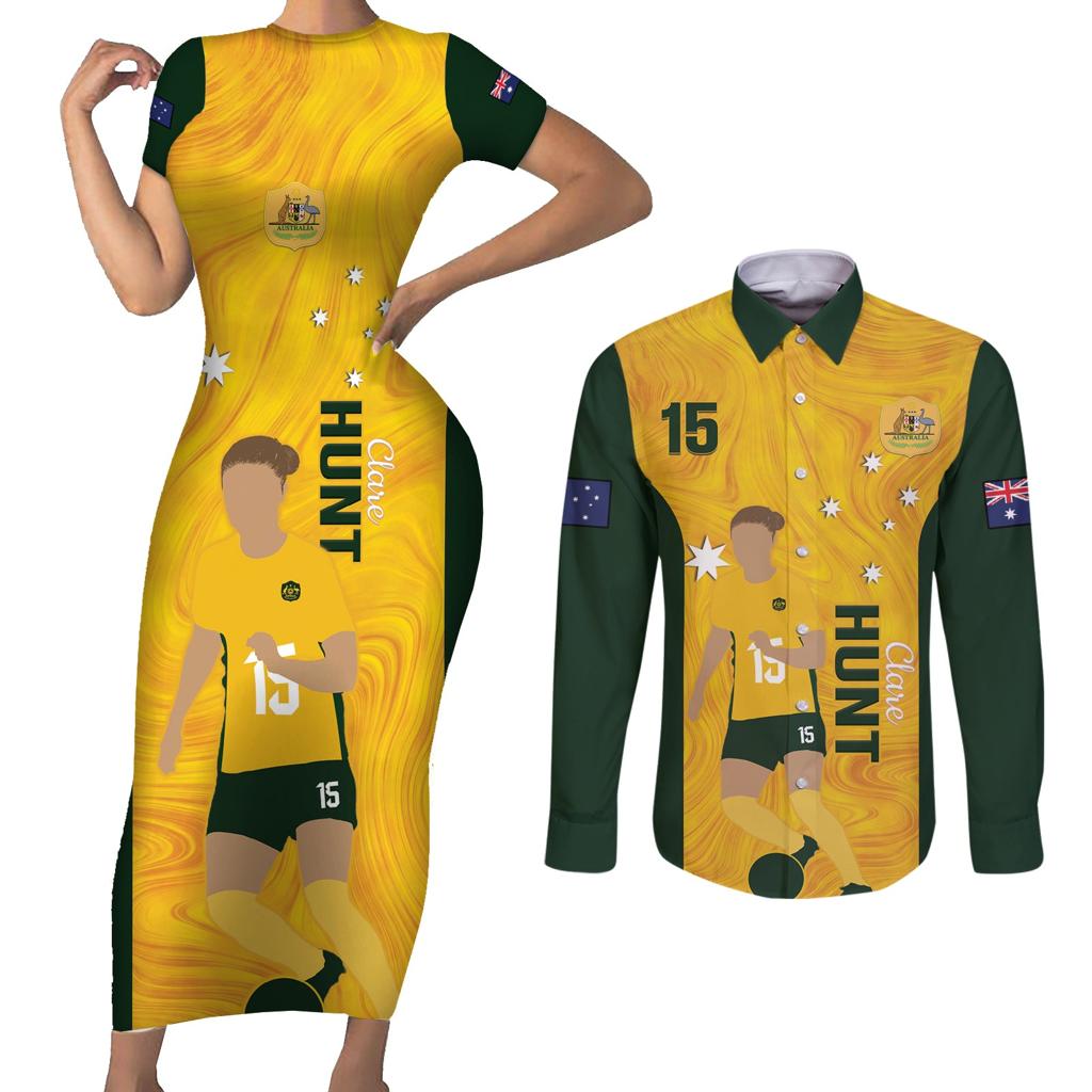 Australia Soccer Couples Matching Short Sleeve Bodycon Dress and Long Sleeve Button Shirt Clare Hunt Matildas Gold Version