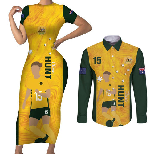 Australia Soccer Couples Matching Short Sleeve Bodycon Dress and Long Sleeve Button Shirt Clare Hunt Matildas Gold Version