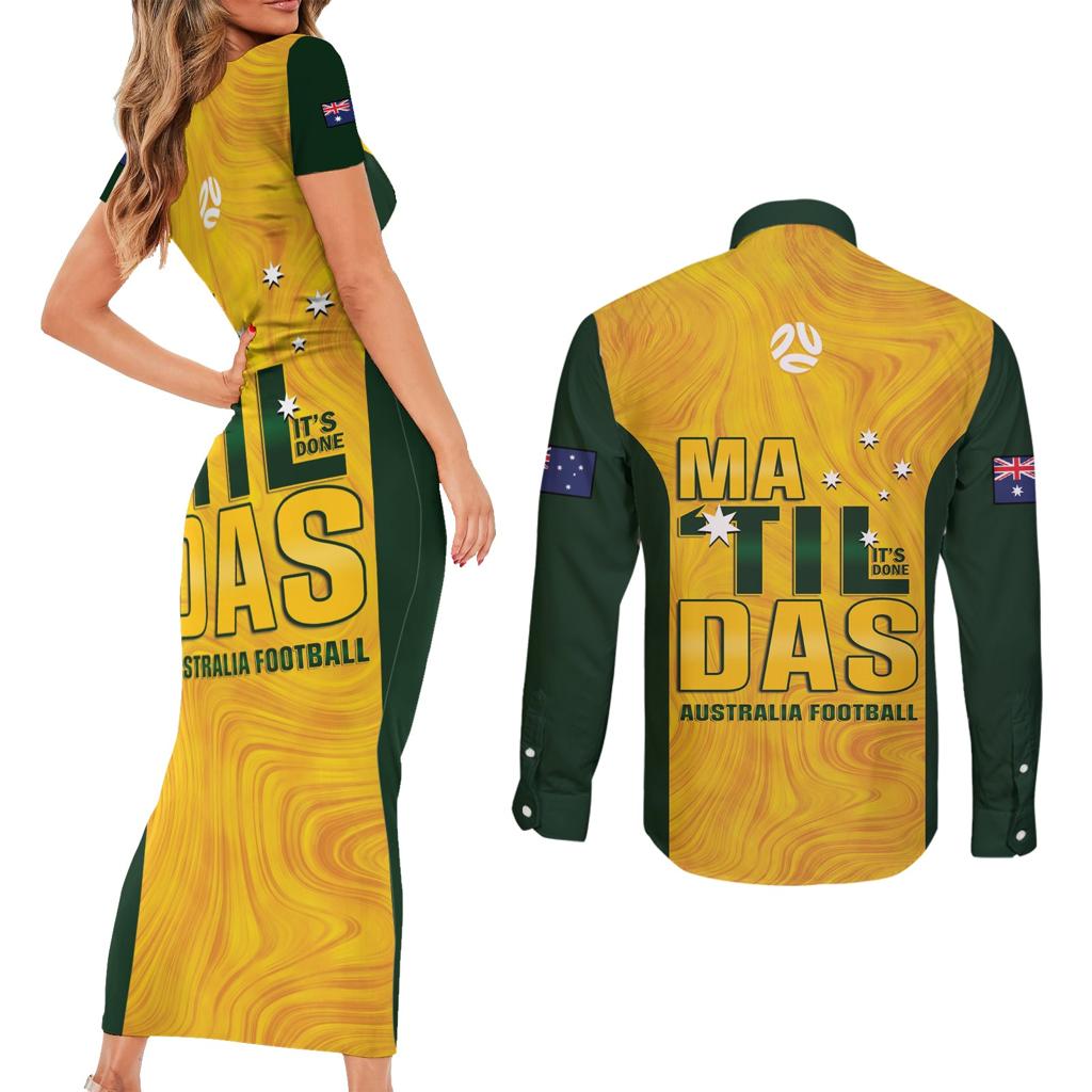 Australia Soccer Couples Matching Short Sleeve Bodycon Dress and Long Sleeve Button Shirt Clare Hunt Matildas Gold Version