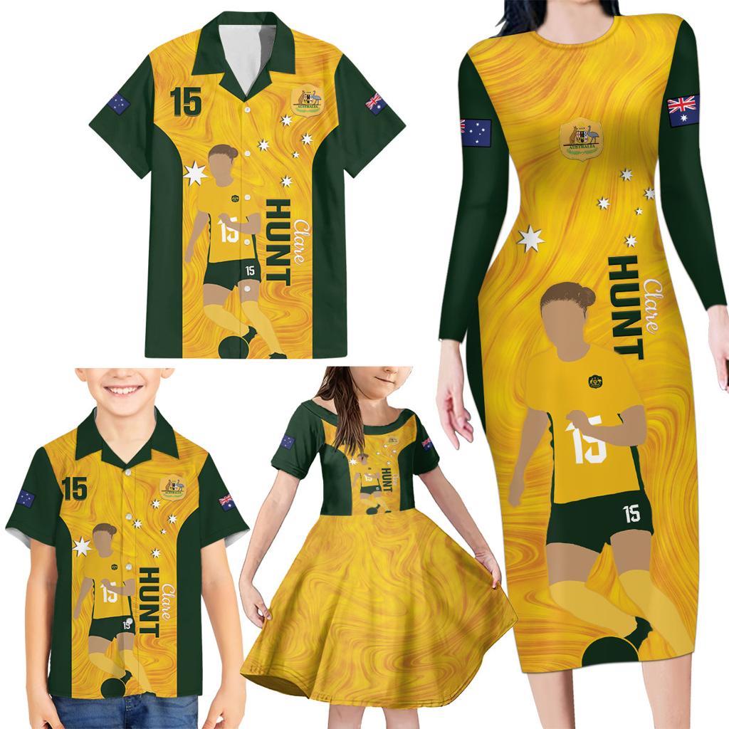 Australia Soccer Family Matching Long Sleeve Bodycon Dress and Hawaiian Shirt Clare Hunt Matildas Gold Version
