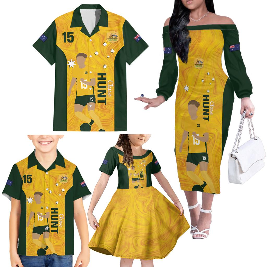 Australia Soccer Family Matching Off The Shoulder Long Sleeve Dress and Hawaiian Shirt Clare Hunt Matildas Gold Version