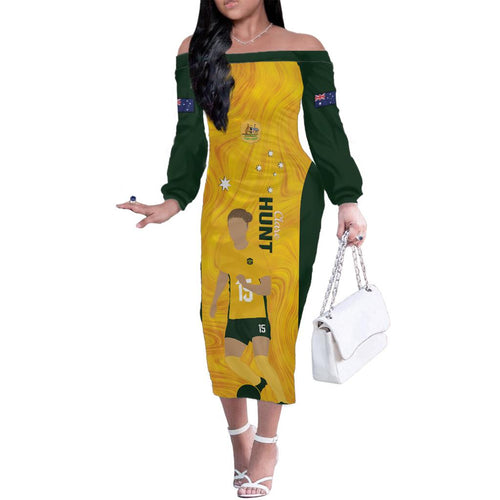 Australia Soccer Family Matching Off The Shoulder Long Sleeve Dress and Hawaiian Shirt Clare Hunt Matildas Gold Version