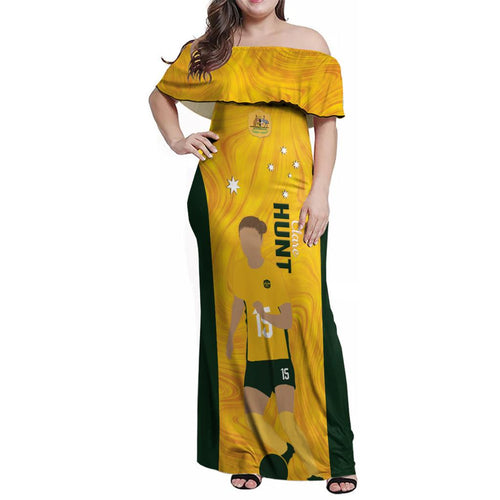 Australia Soccer Family Matching Off Shoulder Maxi Dress and Hawaiian Shirt Clare Hunt Matildas Gold Version