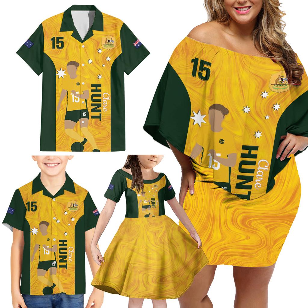 Australia Soccer Family Matching Off Shoulder Short Dress and Hawaiian Shirt Clare Hunt Matildas Gold Version