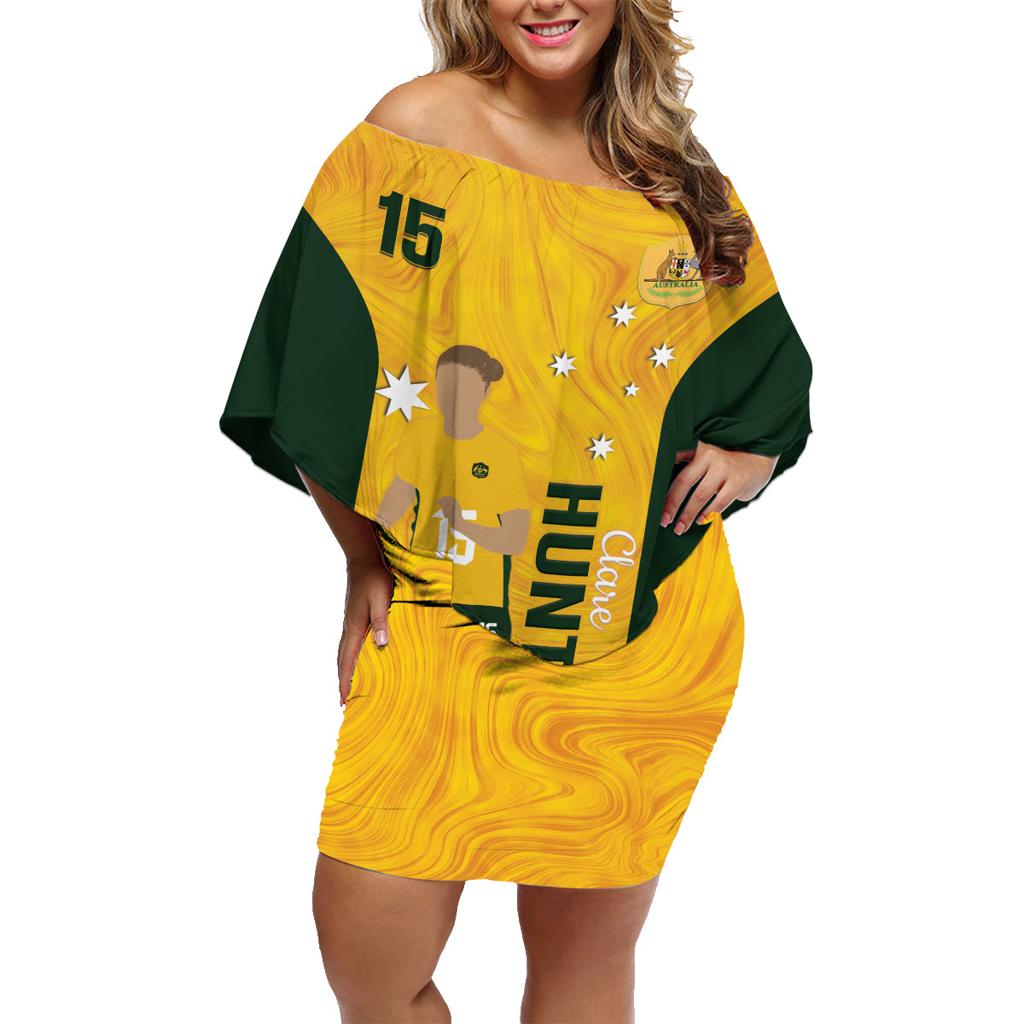 Australia Soccer Family Matching Off Shoulder Short Dress and Hawaiian Shirt Clare Hunt Matildas Gold Version