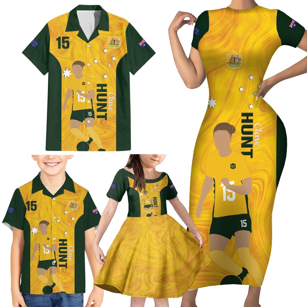 Australia Soccer Family Matching Short Sleeve Bodycon Dress and Hawaiian Shirt Clare Hunt Matildas Gold Version