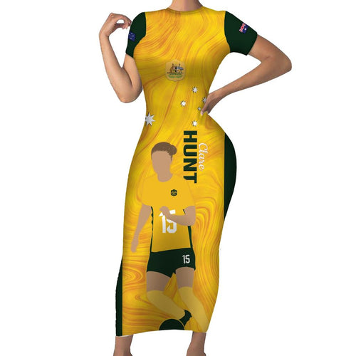 Australia Soccer Family Matching Short Sleeve Bodycon Dress and Hawaiian Shirt Clare Hunt Matildas Gold Version