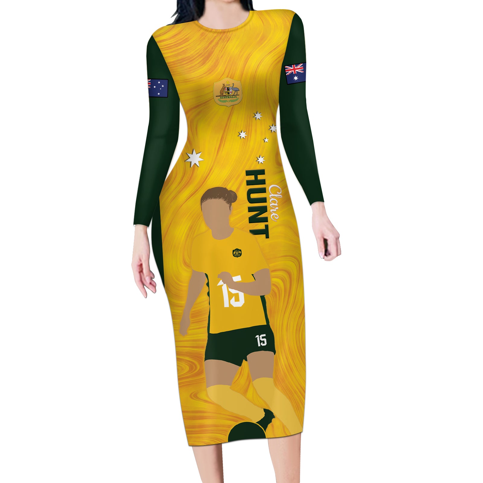 Australia Soccer Long Sleeve Bodycon Dress Clare Hunt Matildas Gold Version