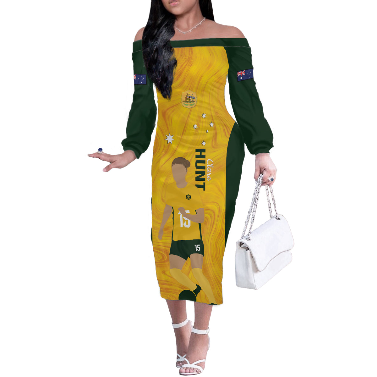 Australia Soccer Off The Shoulder Long Sleeve Dress Clare Hunt Matildas Gold Version