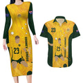 Australia Soccer Couples Matching Long Sleeve Bodycon Dress and Hawaiian Shirt Cooney Cross Matildas Gold Version