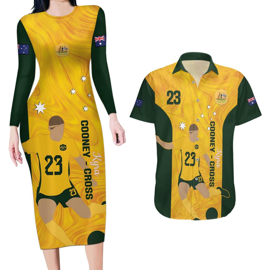 Australia Soccer Couples Matching Long Sleeve Bodycon Dress and Hawaiian Shirt Cooney Cross Matildas Gold Version
