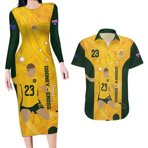 Australia Soccer Couples Matching Long Sleeve Bodycon Dress and Hawaiian Shirt Cooney Cross Matildas Gold Version
