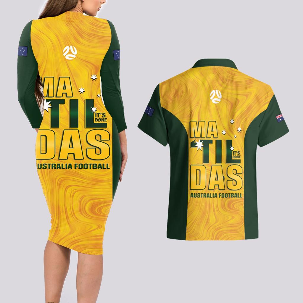 Australia Soccer Couples Matching Long Sleeve Bodycon Dress and Hawaiian Shirt Cooney Cross Matildas Gold Version