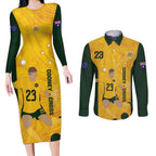 Australia Soccer Couples Matching Long Sleeve Bodycon Dress and Long Sleeve Button Shirt Cooney Cross Matildas Gold Version