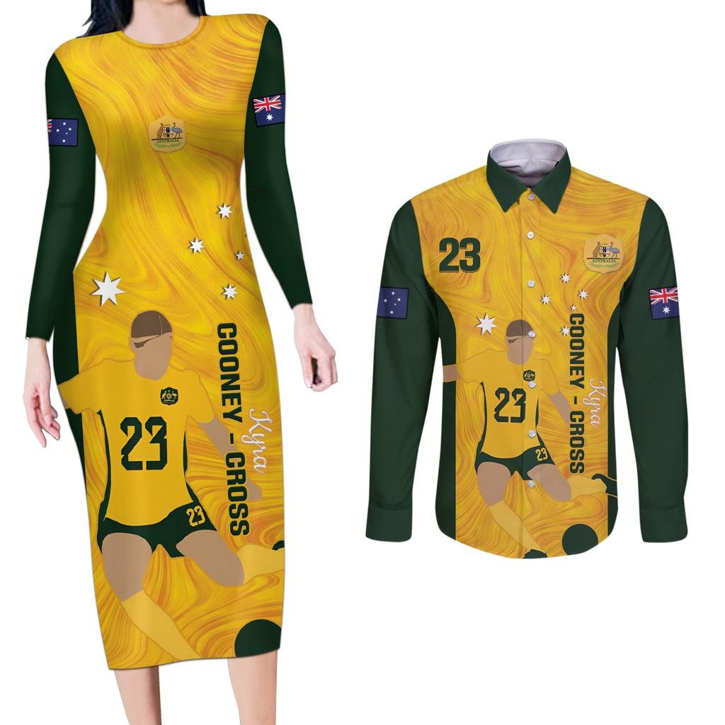 Australia Soccer Couples Matching Long Sleeve Bodycon Dress and Long Sleeve Button Shirt Cooney Cross Matildas Gold Version