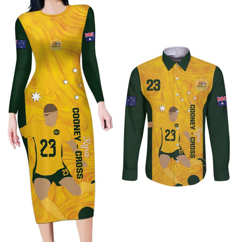 Australia Soccer Couples Matching Long Sleeve Bodycon Dress and Long Sleeve Button Shirt Cooney Cross Matildas Gold Version